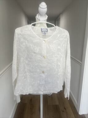 Vtg April Cornell White Embroidered Sheer Blouse Sz S Button Front 100% Cotton